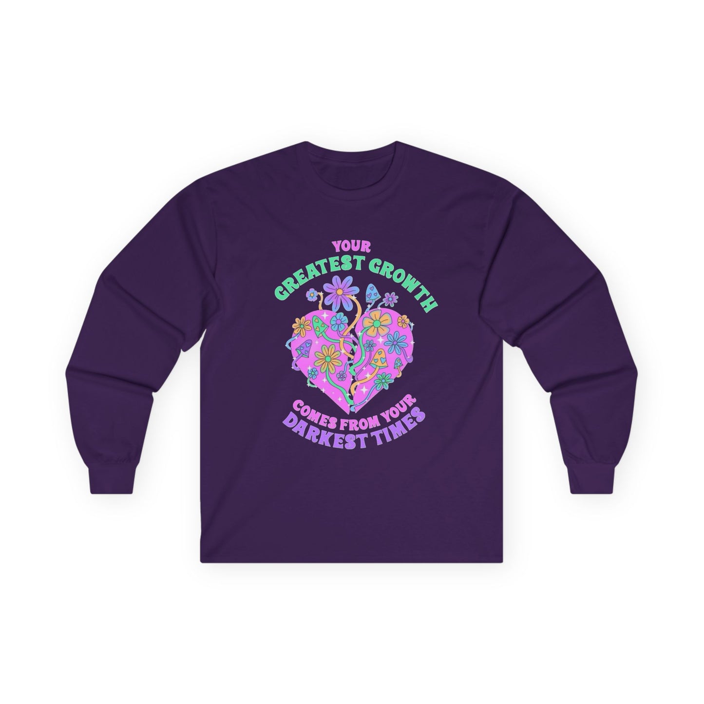 Long Sleeve Tee — "Your Greatest Growth Comes From Your Darkest Times" Floral Heart Motivational Shirt