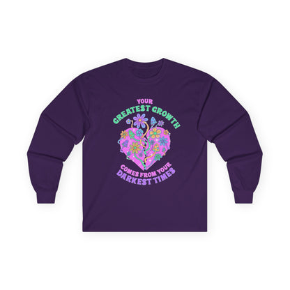 Long Sleeve Tee — "Your Greatest Growth Comes From Your Darkest Times" Floral Heart Motivational Shirt