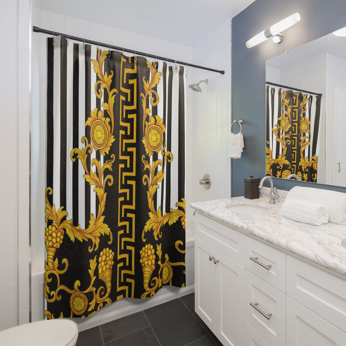 Baroque Gold Scroll Shower Curtain — Black & White Striped Bathroom Decor