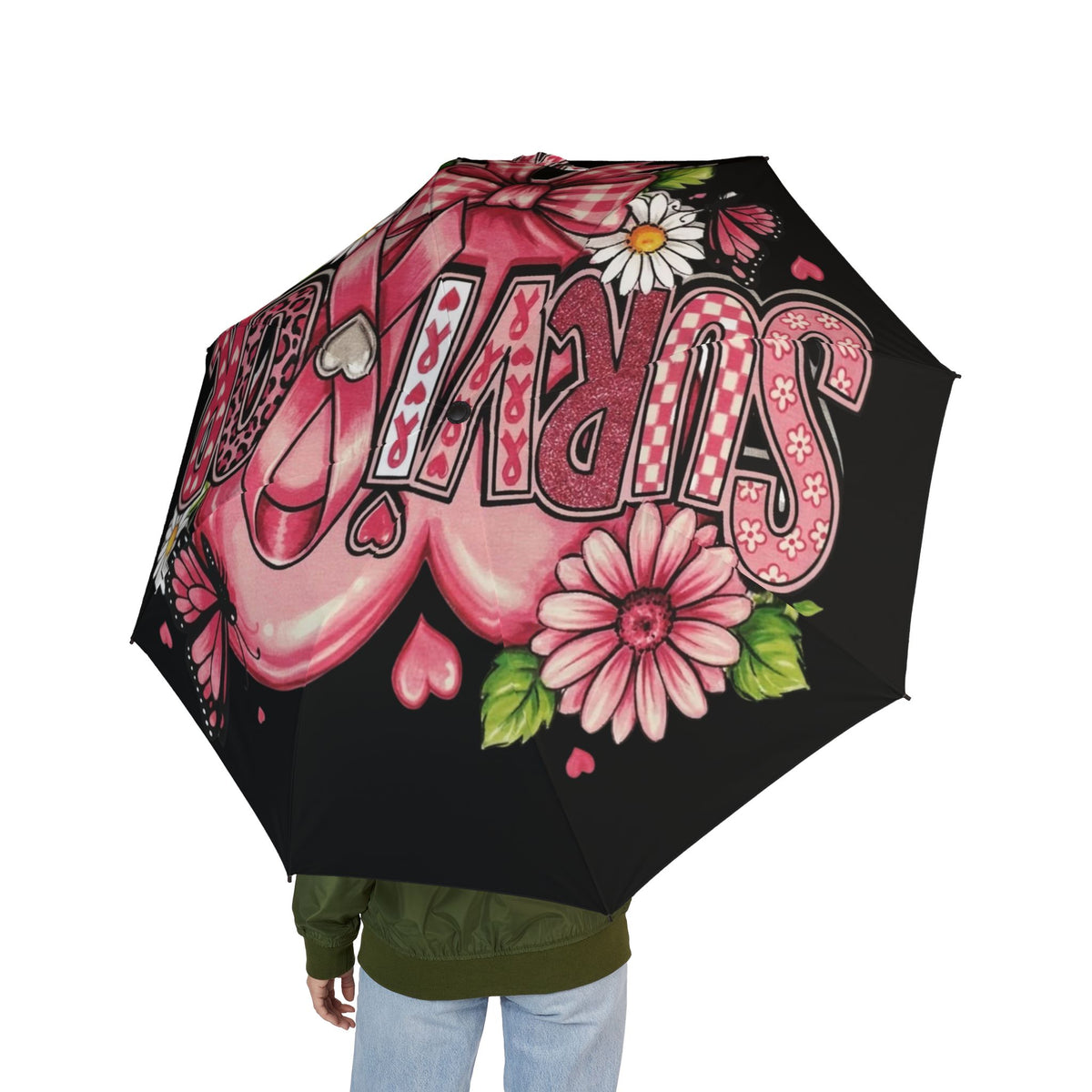Foldable Umbrella — Pink Floral 'Darling' Design, Semi-Automatic Compact Rain Umbrella