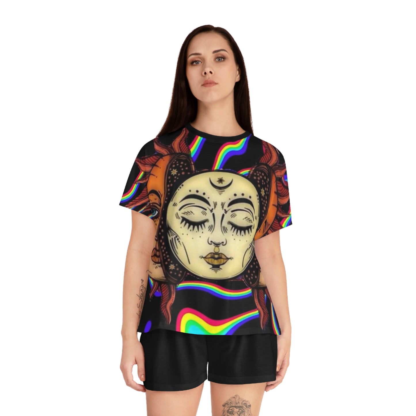 Bohemian Sun and Moon Women's Pajama Set - Cosmic Sleepwear for Disco Vibes