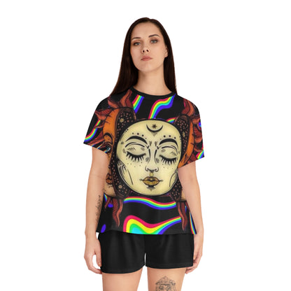 Bohemian Sun and Moon Women's Pajama Set - Cosmic Sleepwear for Disco Vibes