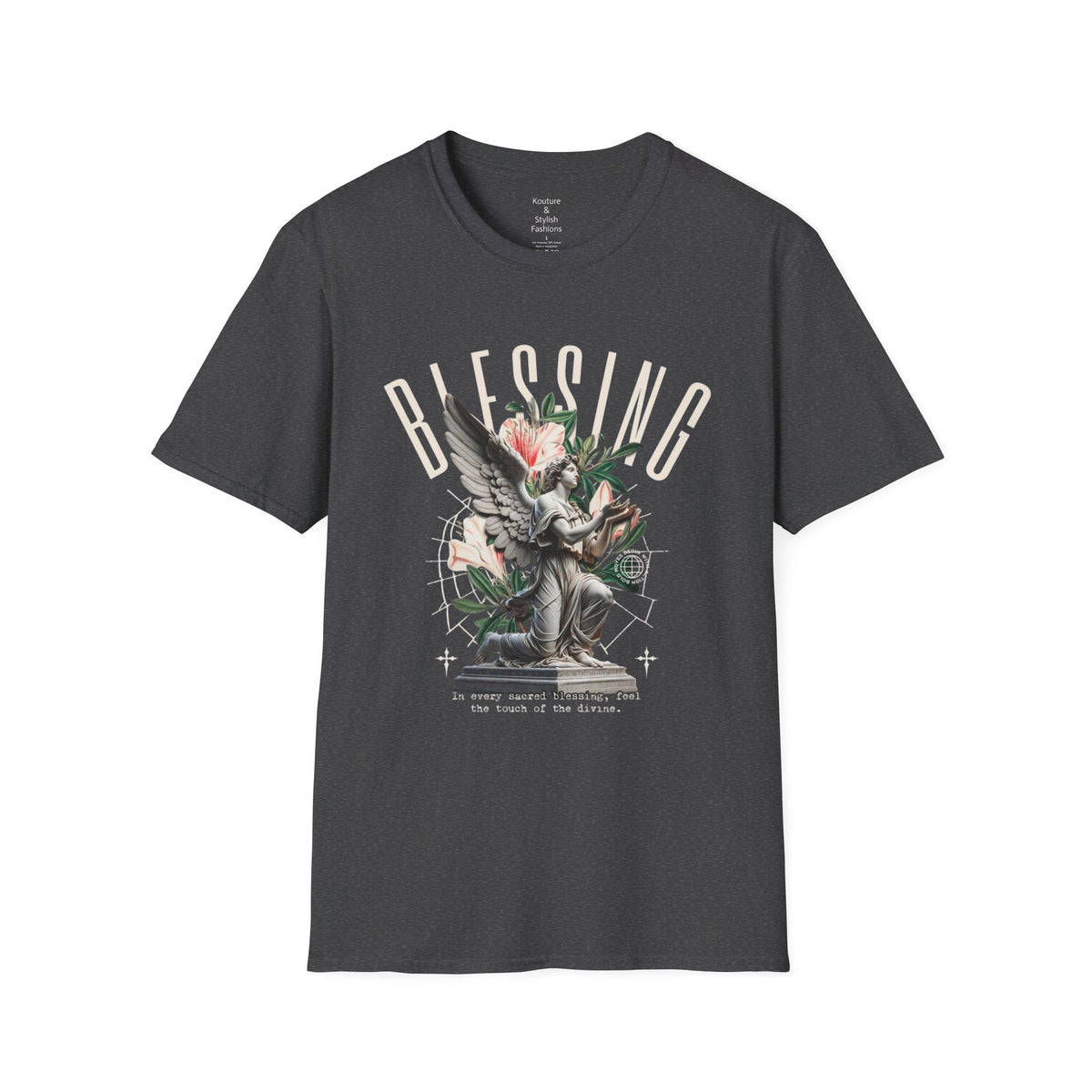 Blessing Angel Graphic T‑Shirt — Faith Inspired Floral Statue Tee