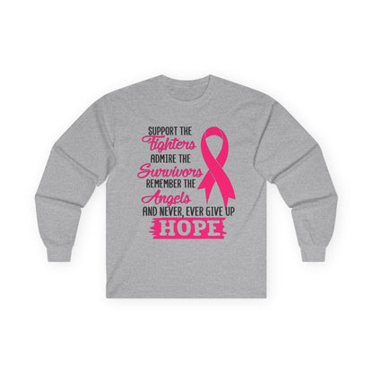 Breast Cancer Awareness Long Sleeve Tee — "Support the Fighters, Admire the Survivors" Hope Ribbon