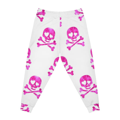 Pink Heart Skull Joggers — Women’s Athletic Sweatpants with Funky Skull & Crossbones Pattern