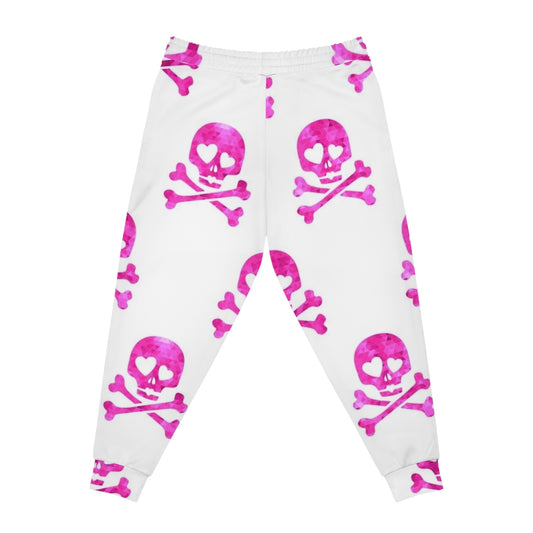 Pink Heart Skull Joggers — Women’s Athletic Sweatpants with Funky Skull & Crossbones Pattern