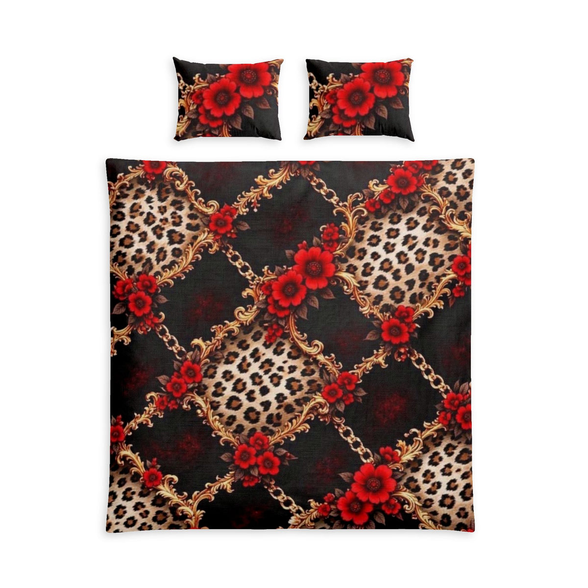 Leopard Chain Floral Cotton Bed Set — Red Rose Duvet Cover