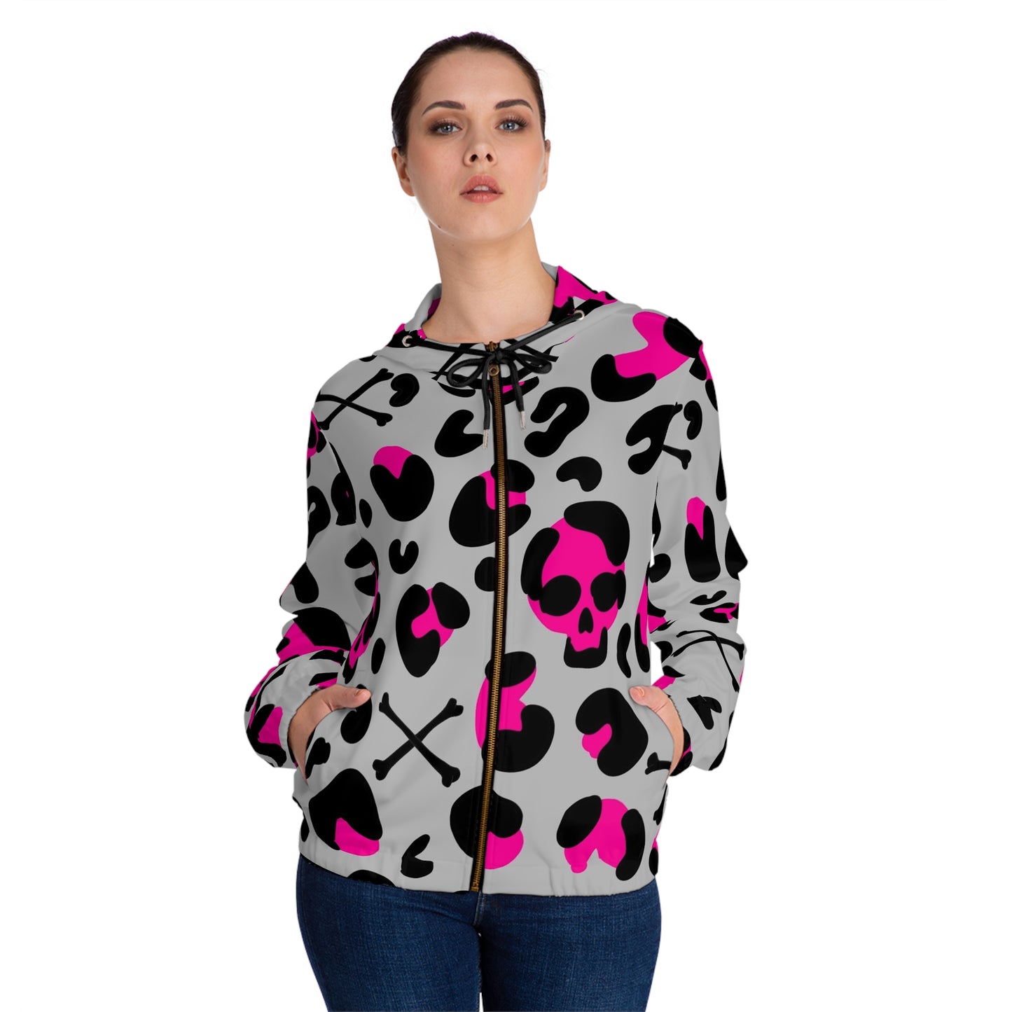 Women’s Zip Hoodie — Pink & Black Skull Leopard All-Over Print