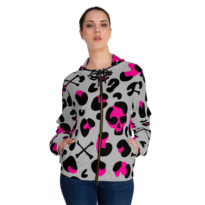 Women’s Zip Hoodie — Pink & Black Skull Leopard All-Over Print
