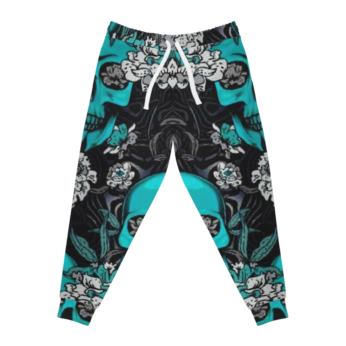 Teal Skull Floral Joggers — Gothic Athletic Pants with All-Over Print