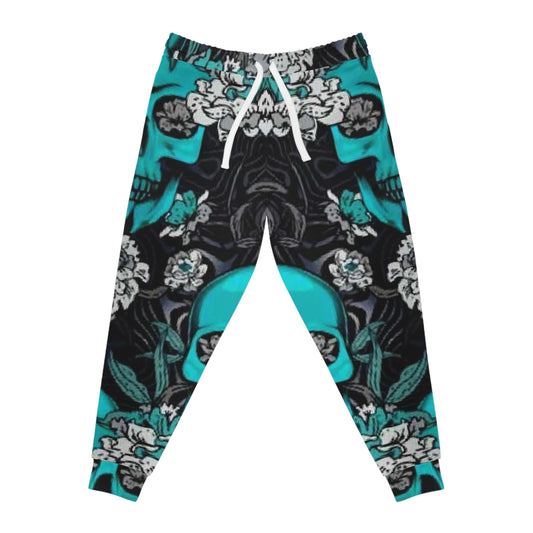 Teal Skull Floral Joggers — Gothic Athletic Pants with All-Over Print