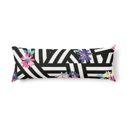 Floral Geometric Body Pillow — Black & White Stripes with Pastel Flowers