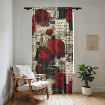 Red Rose Vintage Script Sheer Curtain