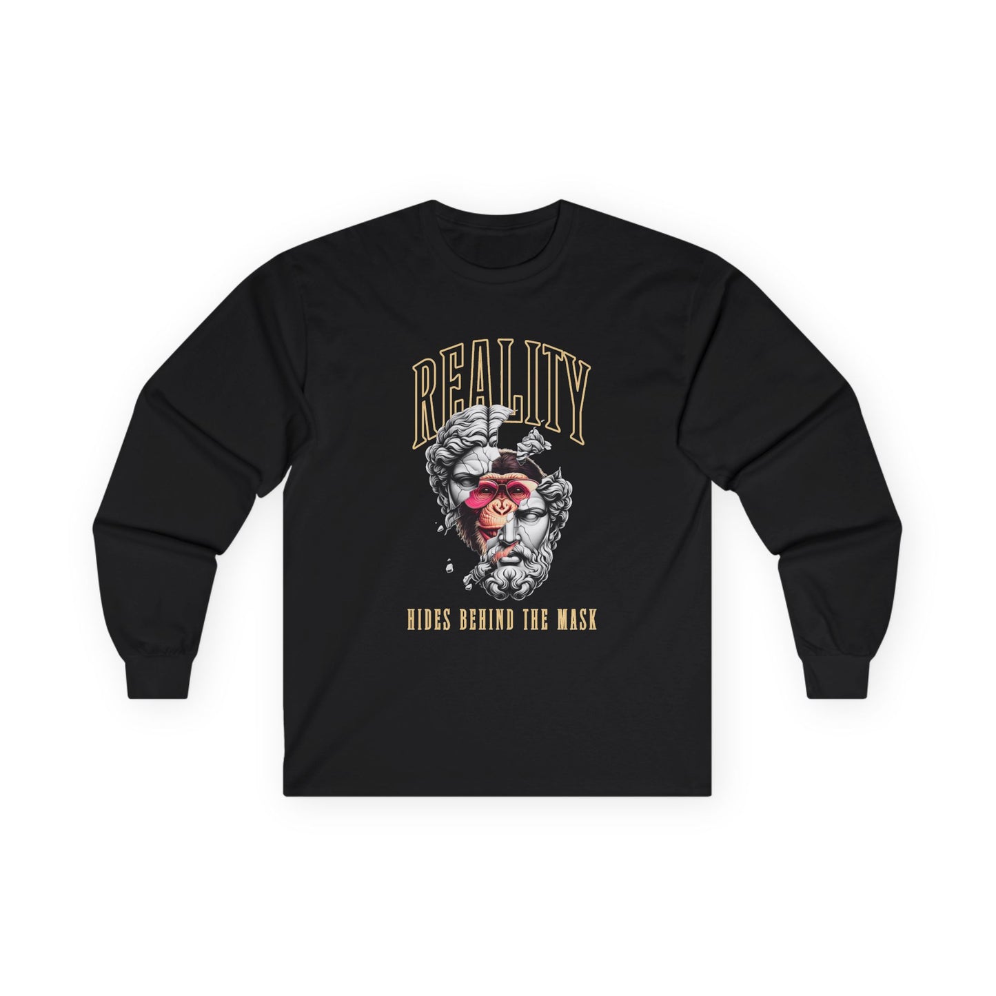 Long Sleeve Tee — 'Reality Hides Behind The Mask' Vintage Statue Face Graphic