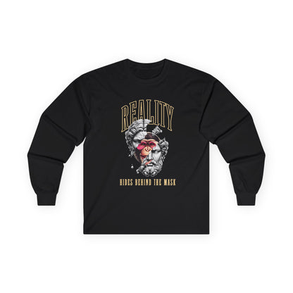 Long Sleeve Tee — 'Reality Hides Behind The Mask' Vintage Statue Face Graphic