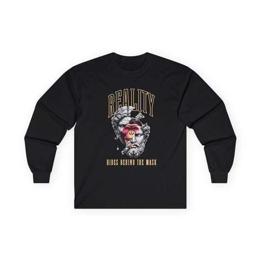 Long Sleeve Tee — 'Reality Hides Behind The Mask' Vintage Statue Face Graphic