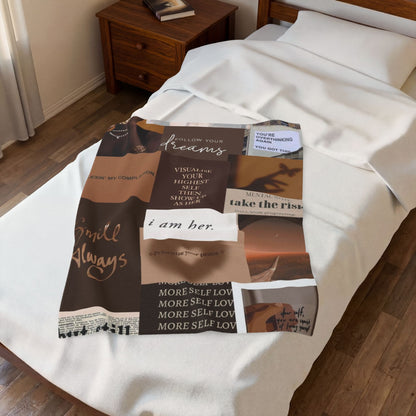 Inspirational Collage Velveteen Plush Blanket — "I Am Her" Self-Love Throw
