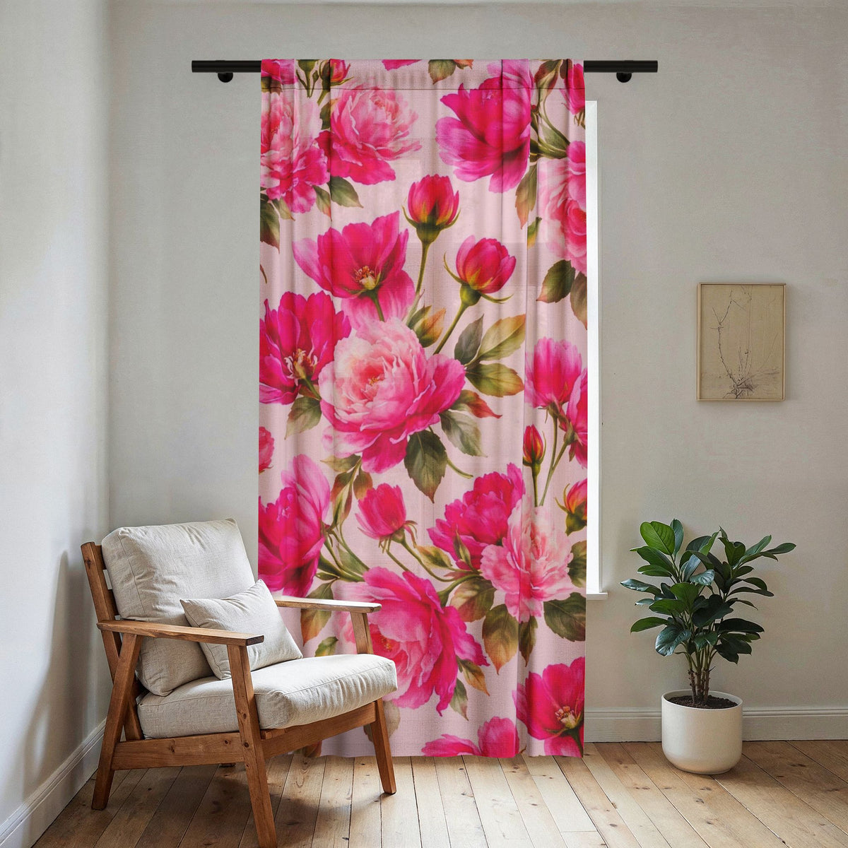 Sheer Floral Curtain - Pink Rose Window Panel for Living Room & Bedroom