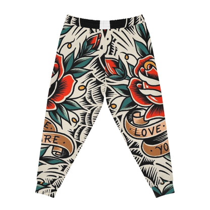 Tattoo Rose All-Over Print Joggers — "Love You" Vintage Floral Athletic Pants