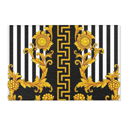 Baroque Gold Scroll Area Rug — Black & White Striped Medallion Accent Rug