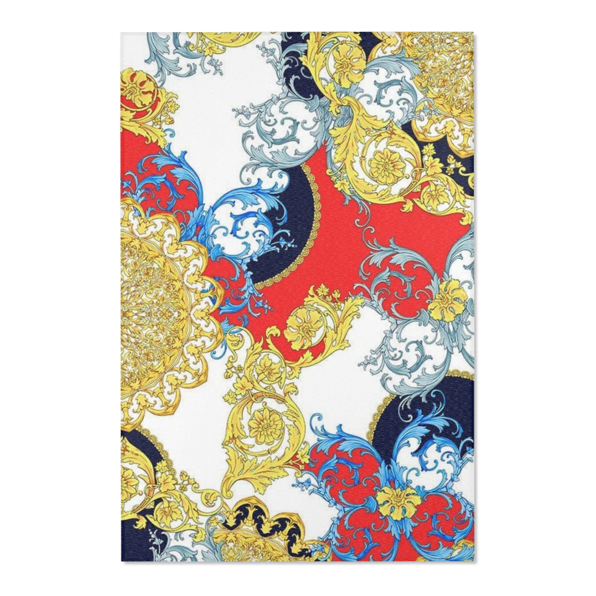 Baroque Scroll Area Rug — Red, Blue & Gold Ornate Accent Rug