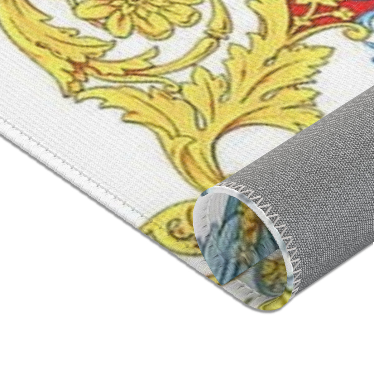 Baroque Scroll Area Rug — Red, Blue & Gold Ornate Accent Rug