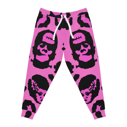 Pink Frankenstein Skull Pattern Joggers — Gothic Punk Athletic Pants
