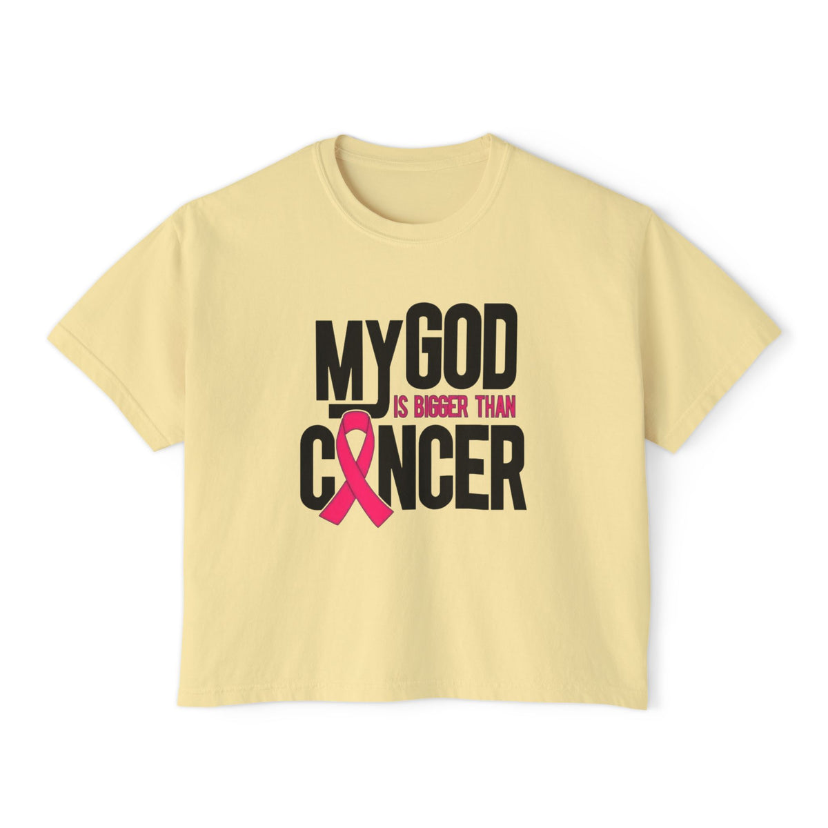 Boxy Tee — "My God Is Bigger Than Cancer" Pink Ribbon Breast Cancer Awareness Shirt