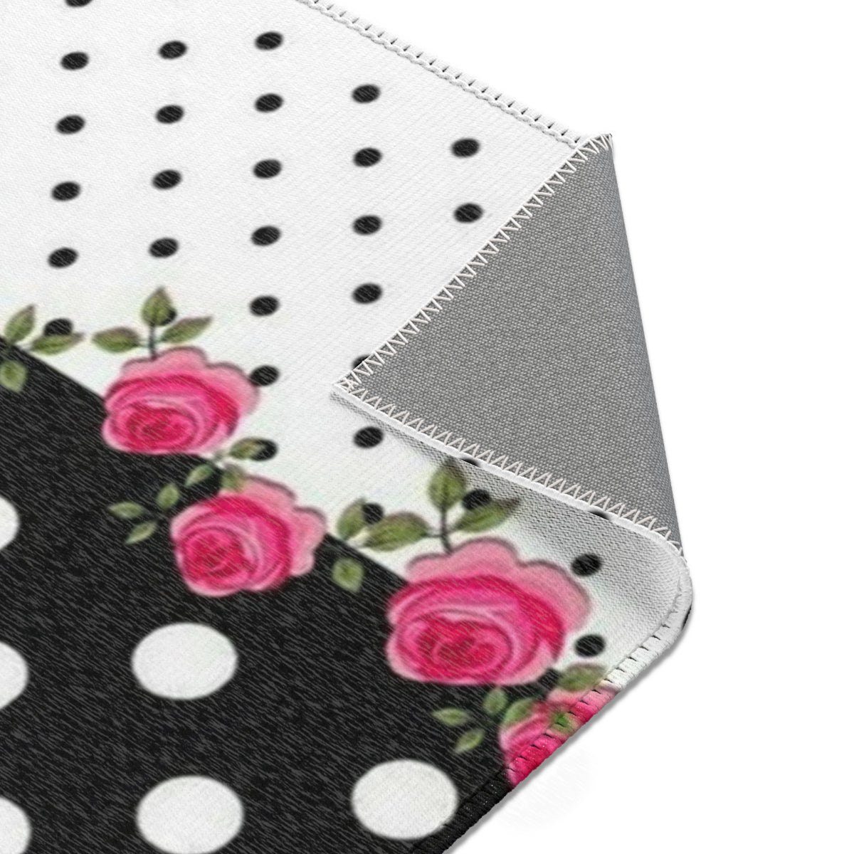 Polka Dot Rose Area Rug — Black & White Vintage Floral Accent Rug