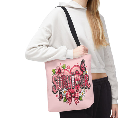 Survivor Pink Ribbon Tote Bag – Breast Cancer Awareness Floral Tote