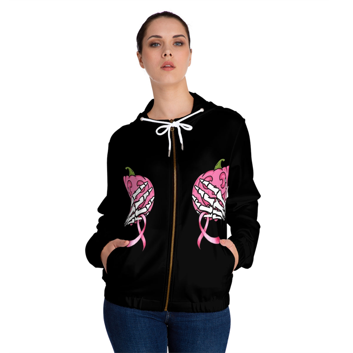 Breast Cancer Awareness Pink Pumpkin Zip Hoodie