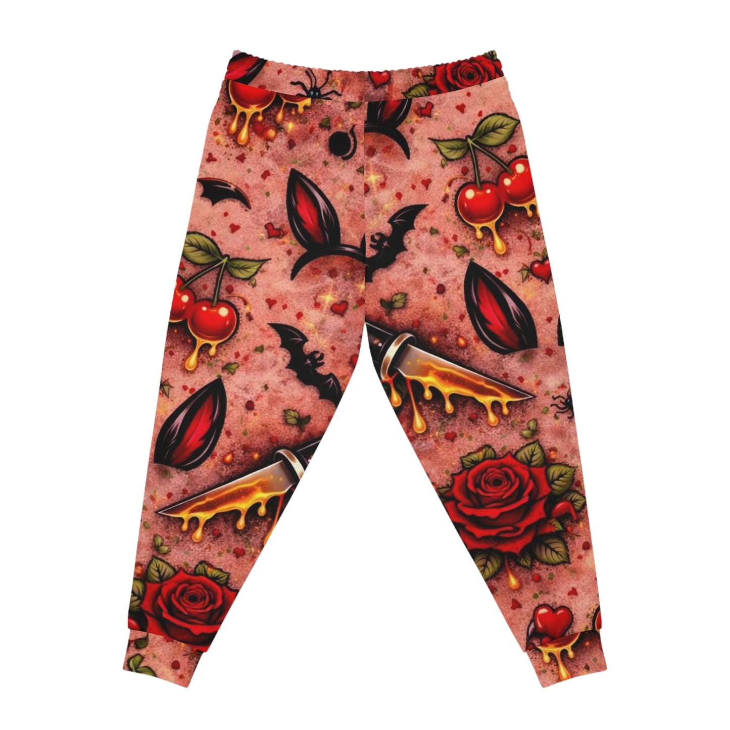 Gothic Cherry Tattoo Joggers — Vampire Bat & Rose All-Over Print Athletic Pants