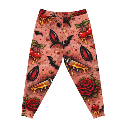 Gothic Cherry Tattoo Joggers — Vampire Bat & Rose All-Over Print Athletic Pants