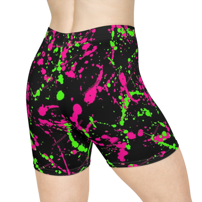 Vibrant Neon Splash Biker Shorts for Active Women - Neon Pink & Green Design
