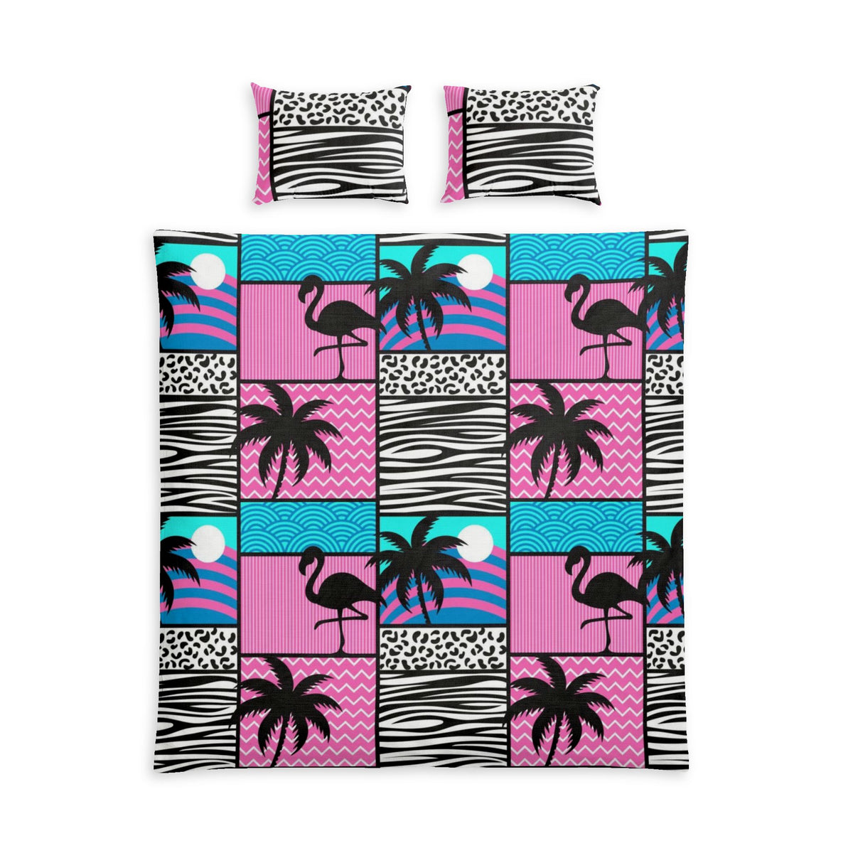 Tropical Flamingo Cotton Bed Set — Retro Pink & Teal Palm Pattern