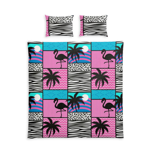 Tropical Flamingo Cotton Bed Set — Retro Pink & Teal Palm Pattern