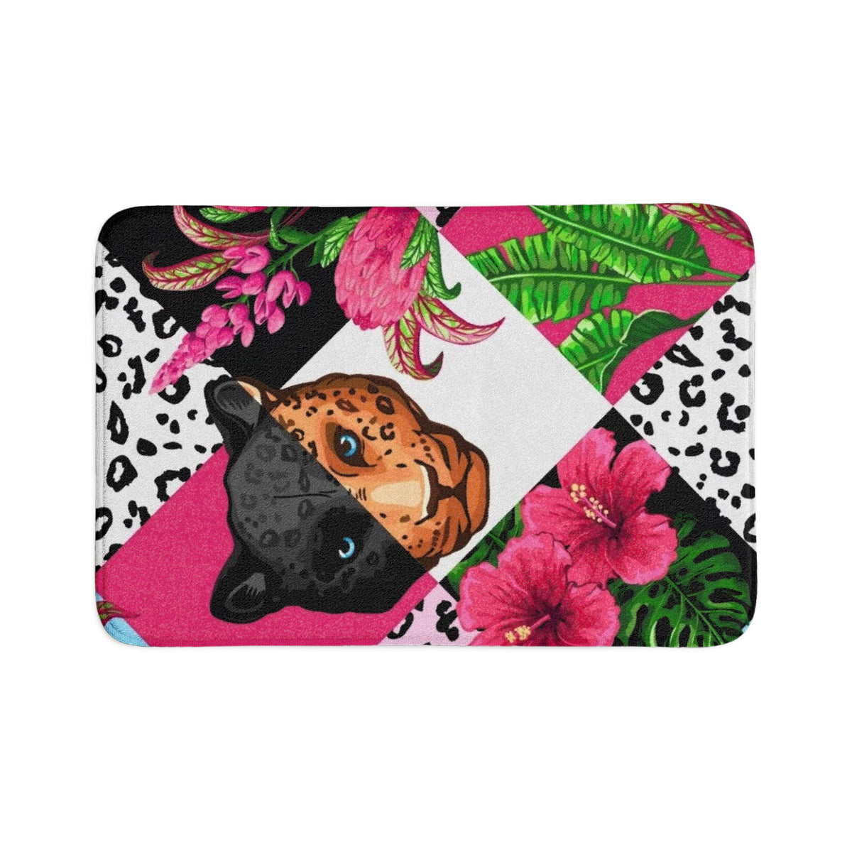 Tropical Jaguar Bath Mat Set — 3-Piece Floral Leopard Bathroom Rug