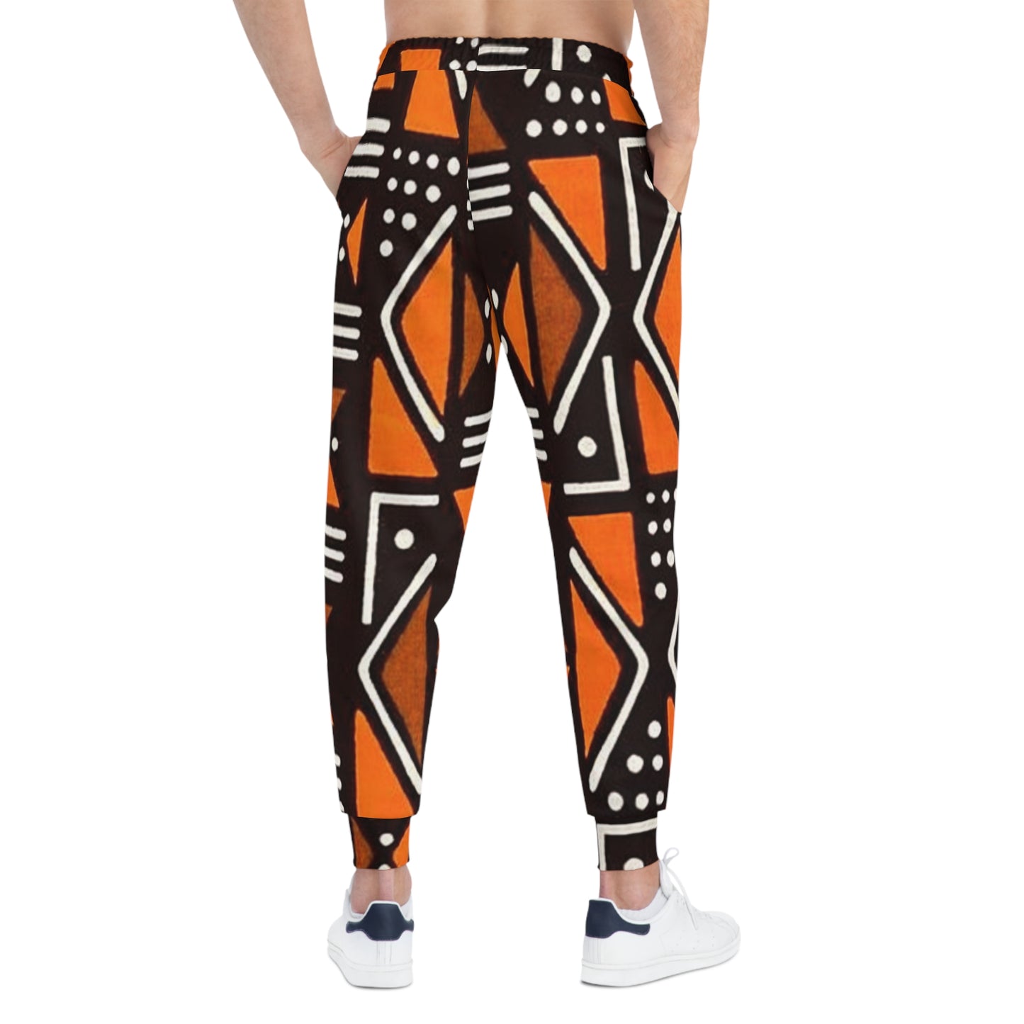 Geometric Orange & Black Athletic Joggers — Tribal Pattern AOP