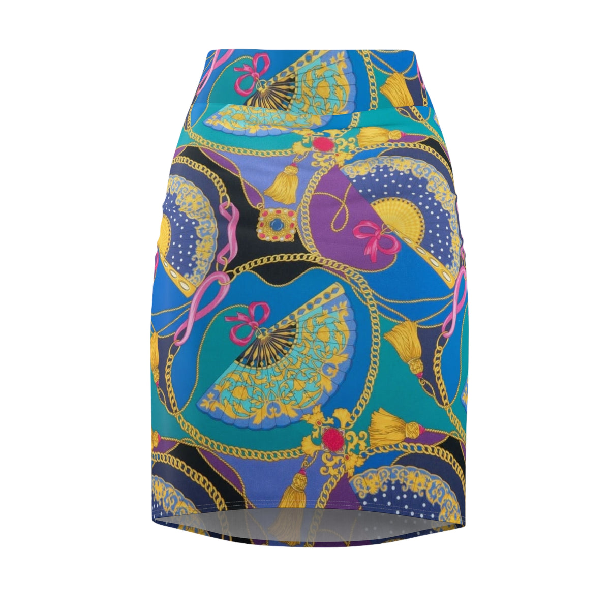 Retro Fan-Print Pencil Skirt — Colorful Baroque Chain & Fan Pattern