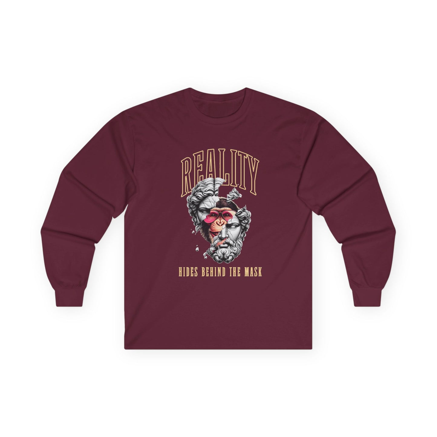 Long Sleeve Tee — 'Reality Hides Behind The Mask' Vintage Statue Face Graphic