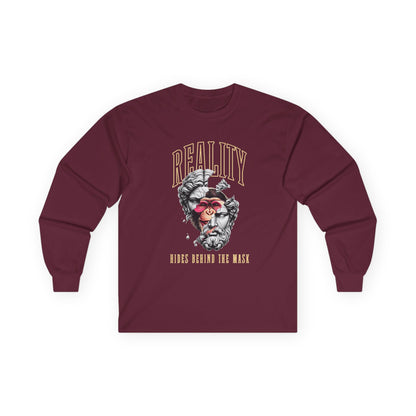 Long Sleeve Tee — 'Reality Hides Behind The Mask' Vintage Statue Face Graphic