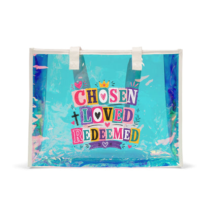 Holographic Beach Tote — "Chosen Loved Redeemed" Clear Iridescent Tote Bag