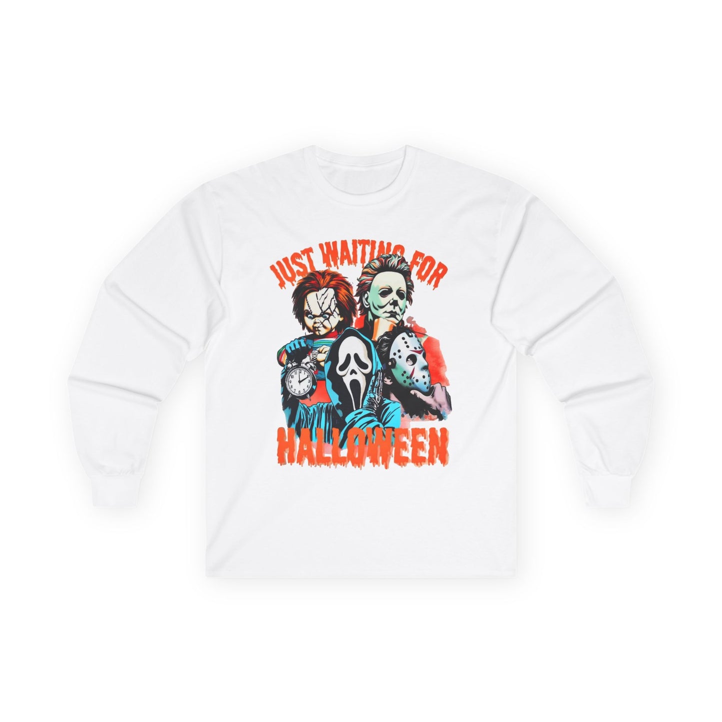 Halloween Horror Icons Long Sleeve Tee – "Just Waiting for Halloween"
