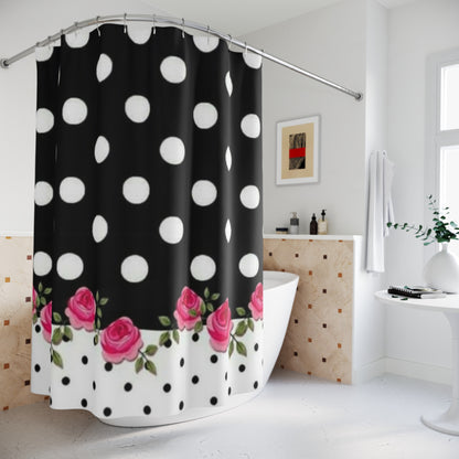 Polka Dot Roses Shower Curtain — Black & White Dotted Bath Curtain with Pink Rose Border