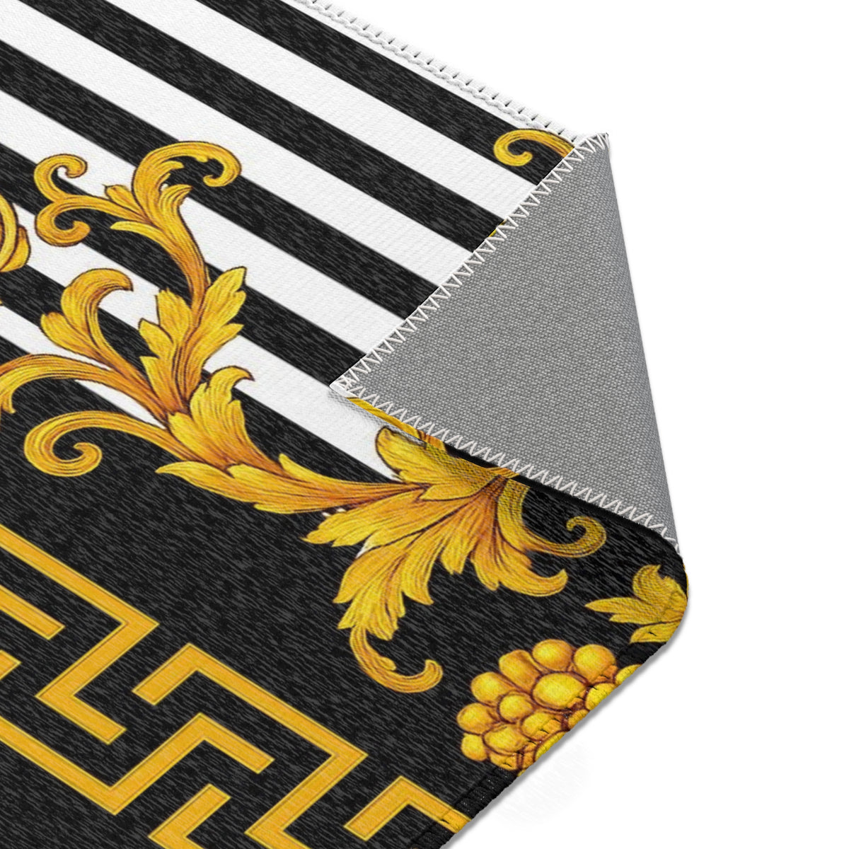 Baroque Gold Scroll Area Rug — Black & White Striped Medallion Accent Rug