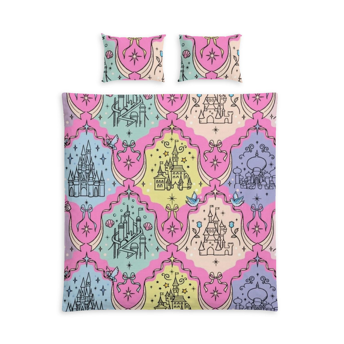 Pastel Princess Castle Cotton Bed Set – Fairy Tale Duvet & Pillowcase