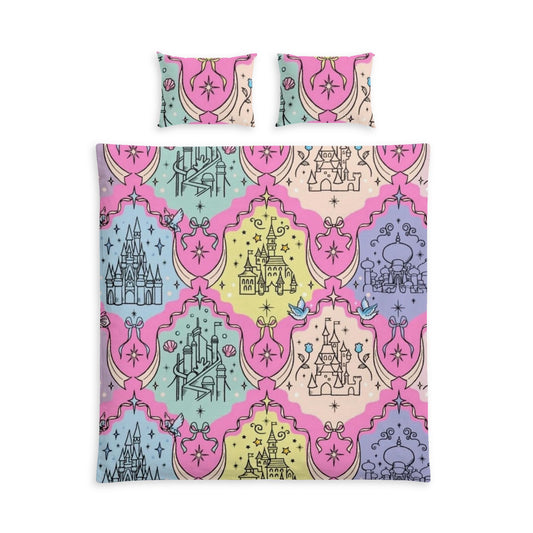 Pastel Princess Castle Cotton Bed Set – Fairy Tale Duvet & Pillowcase