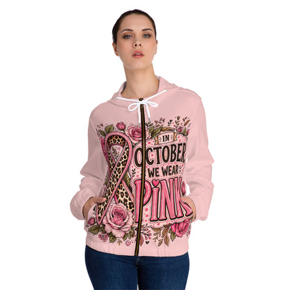 Breast Cancer Awareness Pink Zip-Up Hoodie — "In October We Wear Pink" Floral Design