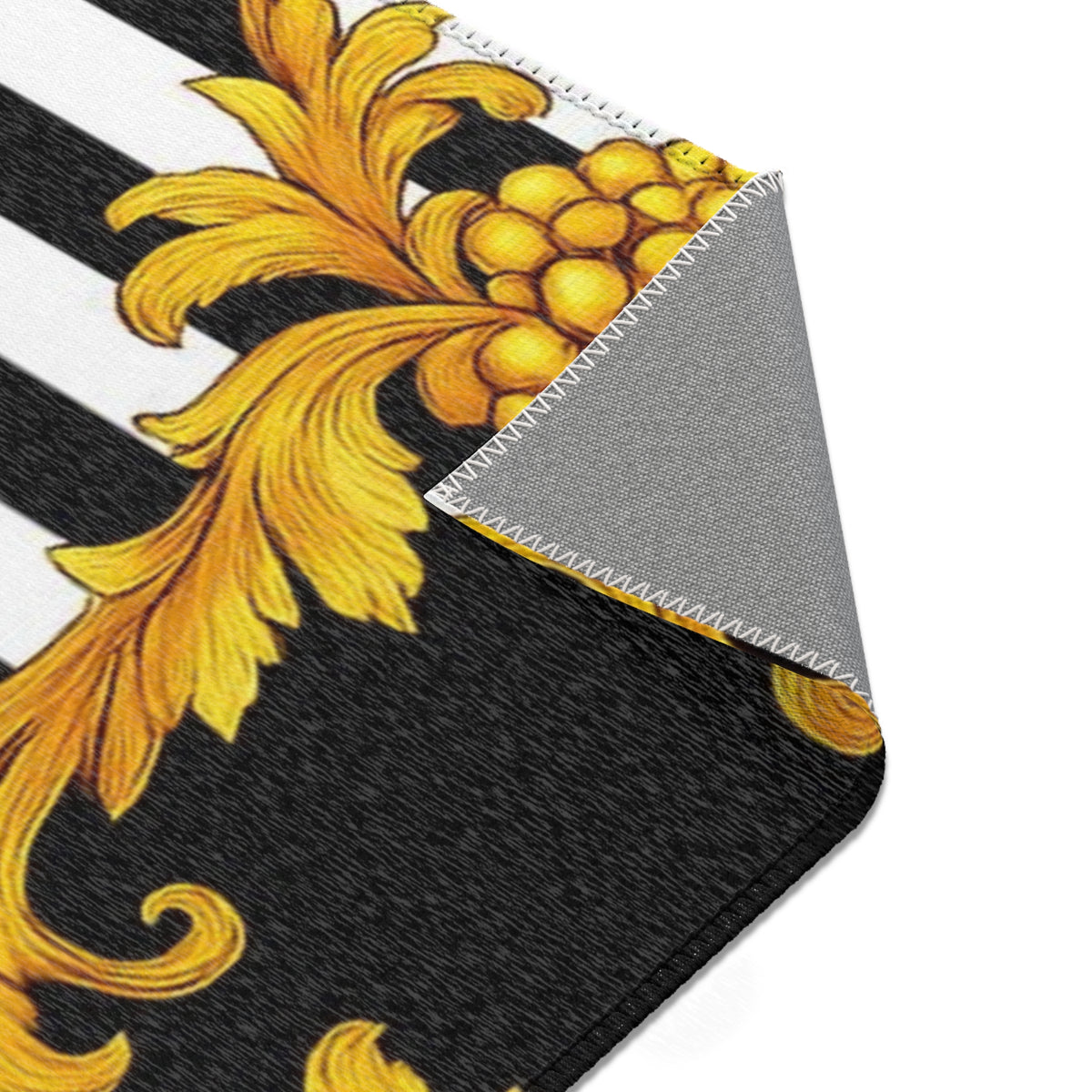 Baroque Gold Scroll Area Rug — Black & White Striped Medallion Accent Rug