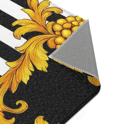 Baroque Gold Scroll Area Rug — Black & White Striped Medallion Accent Rug